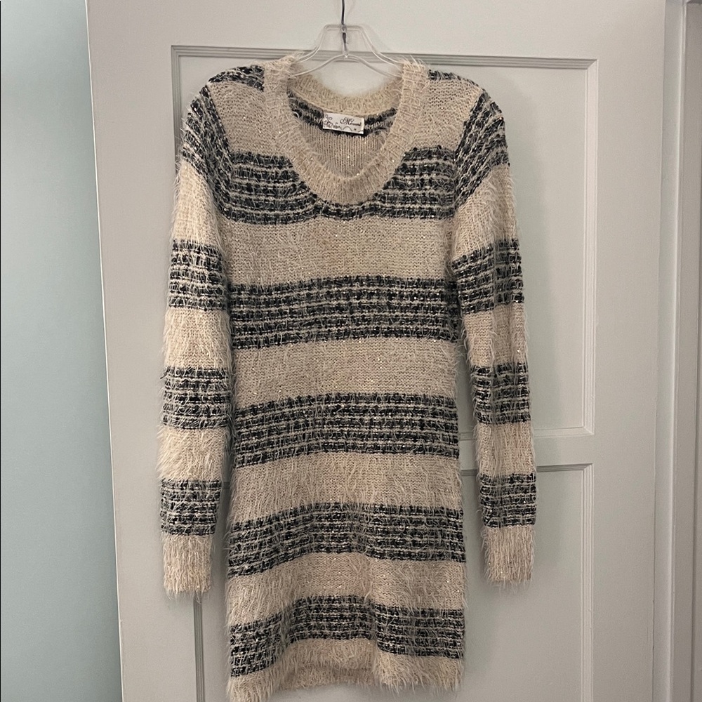 Fuzzy Striped Sweater Dress in Cream and Black